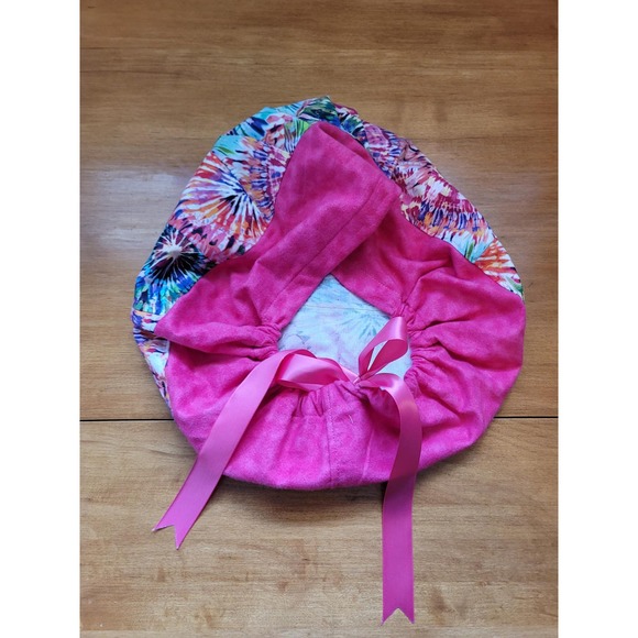 Surgical Dental Chemo Hat Bouffant Style Tie Dye with Pink Flannel Satin Ribbons - Picture 5 of 5